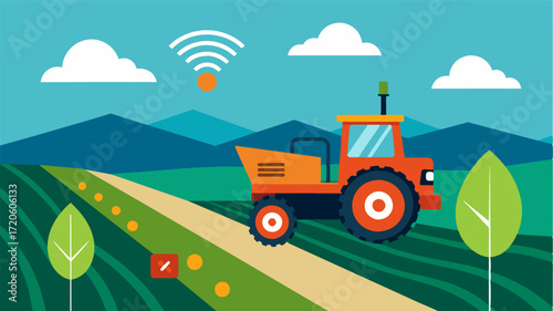 A smart tractor navigates through fields using realtime data on soil conditions to apply the perfect amount of fertilizer tailored to each specific crop.. Vector illustration
