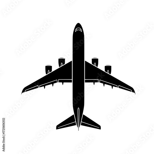 A clean, solid vector illustration of a modern airplane silhouette, seen from above. This black, monochrome design is ideal for icons, logos, maps, or UI/UX elements.