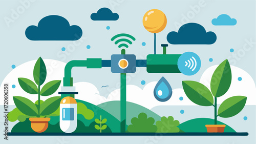 A smart irrigation system is integrated with the AI program ensuring efficient water usage for each crop in the rotation.. Vector illustration