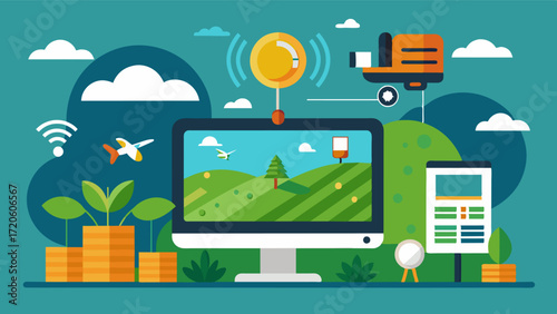 A software program that uses satellite imagery to monitor crop health and inventory alerting farmers to any potential diseases or pest infestations.. Vector illustration