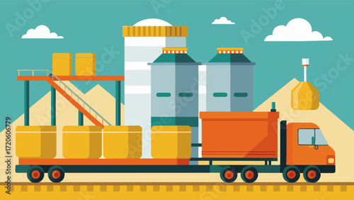 A robotic conveyor system efficiently moving grains from trucks into designated silos reducing labor costs and human error.. Vector illustration