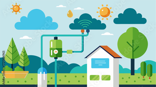 A smart irrigation controller connected to a weather station using realtime data to adjust irrigation levels and save water.. Vector illustration