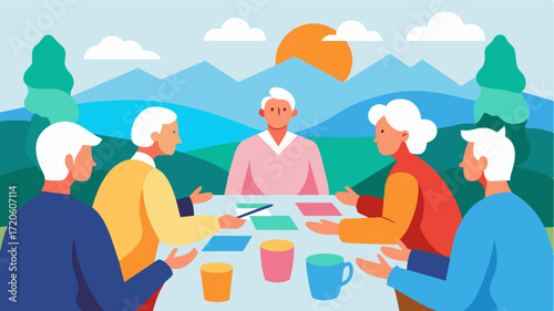 A group of seniors sit around a large table absorbed in painting colorful landscapes reminiscing about their favorite travel destinations with each brushstroke.. Vector illustration