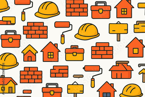Construction and Home Improvement Pattern with Hard Hats Bricks and Tools