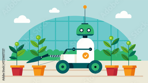 A robot programmed to detect and remove weeds in a greenhouse saving time and effort for farmers.. Vector illustration