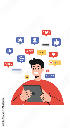 Social media interaction illustration Man using tablet surrounded by notifications, icons, and engagement symbols