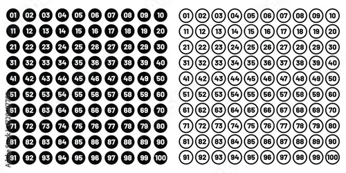 Numbers 1 - 100 - Black Circle , Inner White Border with White Numbers. eps 10