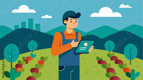 A worker navigates through the vineyard armed with a tablet that displays realtime data from the digital management system. They easily locate and address areas of concern such as. Vector illustration