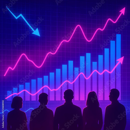 Dynamic business growth presentation with team silhouette against vibrant graph showing upward trends, success, and financial gain for investors