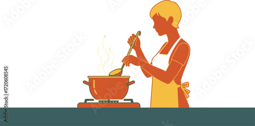 Woman cooking with ladle in pot