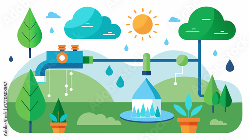 Adaptive Irrigation AI algorithms can adapt irrigation schedules based on changes in the environment such as temperature fluctuations or unexpected rainfall.. Vector illustration