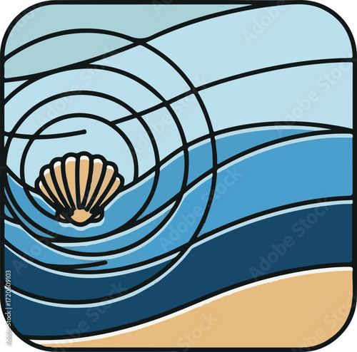 Seashell Illustration on Seashore with Waves