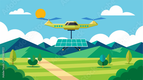 A solarpowered drone hovers over a sprawling green pasture collecting data on grass quality and identifying areas that need to be grazed.. Vector illustration