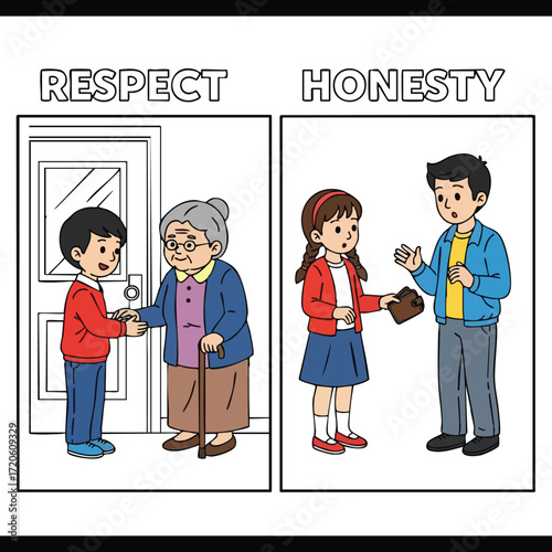 Respect and Honesty Cartoon Illustration of Good Deeds Kindness Character Education