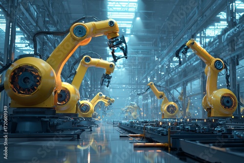 Futuristic automated factory with robotic arms in operation