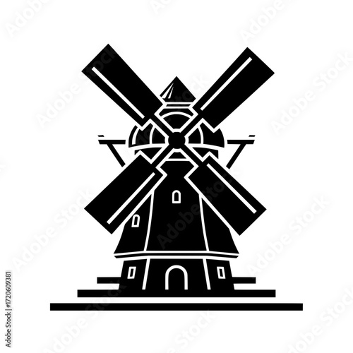 Black vector silhouette of a traditional North European style windmill, typical of the Netherlands or Germany. 