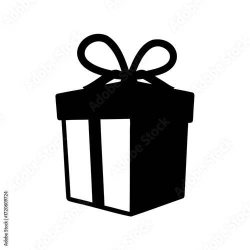Black silhouette of a gift box with a ribbon on a white background