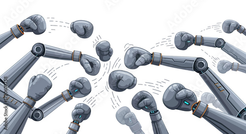 A dynamic illustration of a battle royale between numerous robotic arms equipped with boxing gloves, symbolizing technological conflict