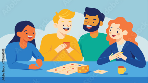 A group of friends laughing and concentrating as they play a fastpaced game of Bananagrams highlighting the social and mental stimulation benefits of playing with others.. Vector illustration