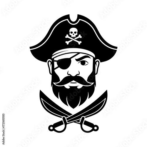 Bearded Pirate Head Mascot with Crossed Swords