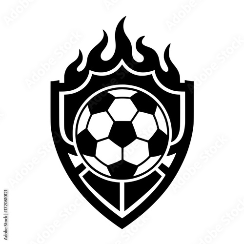 A strong and dynamic illustration of a soccer emblem, featuring a shield with a ball in the middle and a flame blazing on top.