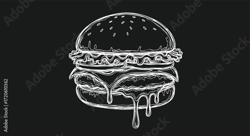 Hand drawn Double Cheeseburger Illustration on Black Background