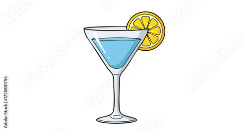 A clear martini glass filled with a vibrant blue liquid and garnished with a bright yellow lemon slice.