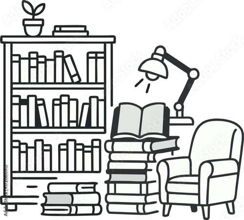 Bookshelf with books for reading, education, knowledge. Home library on shelf. Study and fiction literature, encyclopedias standing and stacked. Flat vector illustration isolated on white background