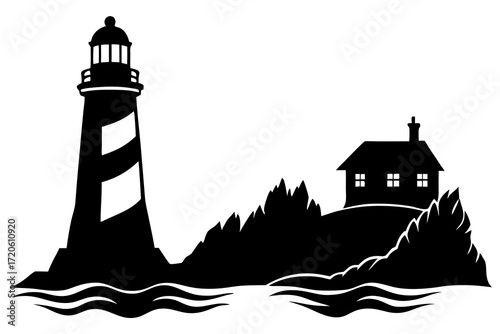 Lighthouse by sea silhouette illustration isolated on white background