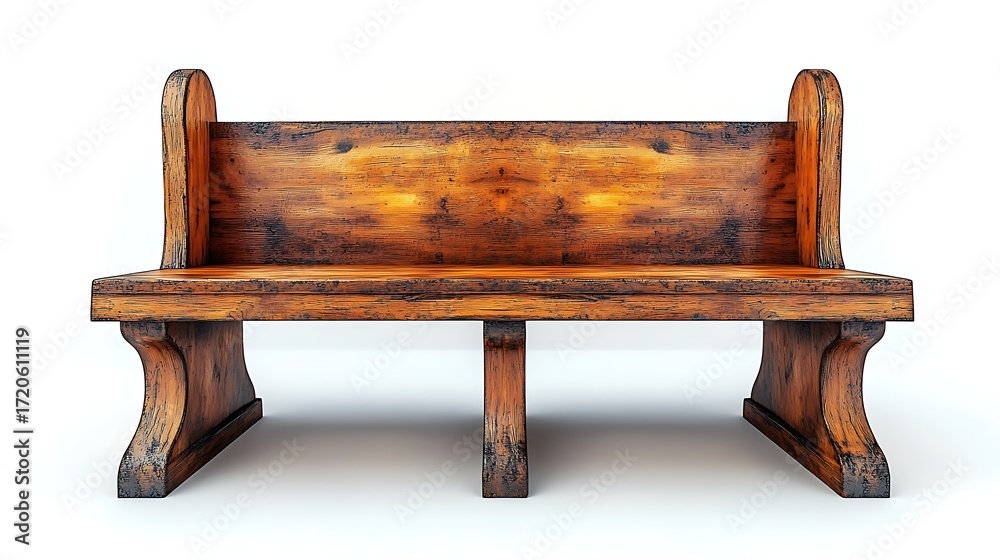 Wooden Church Pew Seat with Back, Carved Legs Isolated on White Background View Wooden Church Pew Seat with Back, Carved Legs Isolated on White Background View