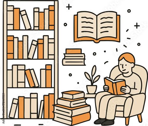 Bookshelf with books for reading, education, knowledge. Home library on shelf. Study and fiction literature, encyclopedias standing and stacked. Flat vector illustration isolated on white background