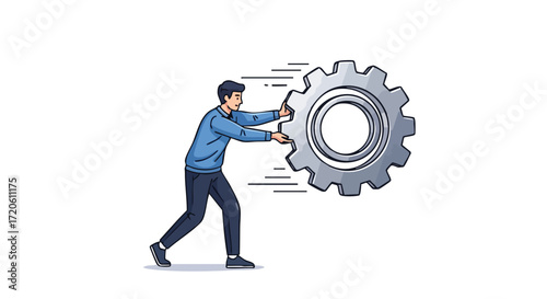 Man pushing a giant gear wheel Teamwork business innovation and problem solving concept