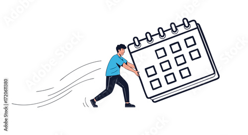 Man Struggles with Oversized Calendar Time Management Concept