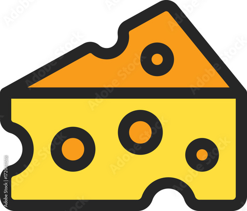 Flat colored icon of cheese wedge with holes and bold outline. Perfect for dairy, food, snack, pizza, and sandwich designs.