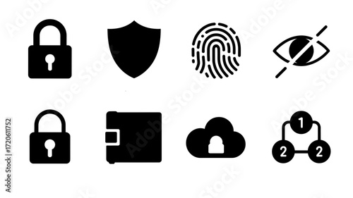 Set of vector security icons including lock, shield, fingerprint, cloud, privacy and login flow
