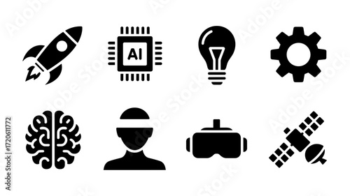 Collection of vector technology icons including AI chip, brain, rocket, VR headset and satellite
