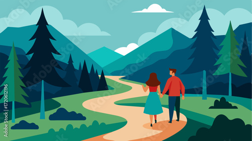 A secluded hiking trail surrounded by towering trees and a quiet stream. A woman walks hand in hand with her spouse pointing out different landmarks and sharing stories from their. Vector illustration