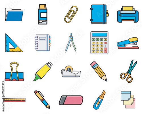 Lineal color stationery and office icon set with 20 essential school business and work tools