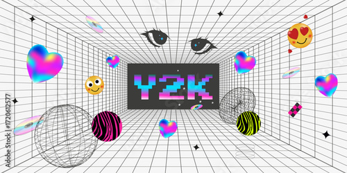 Y2K vibe! 3D wireframe, retro design. Bright posters, abstract shapes. Perfect for social media, web, and branding! Vector
