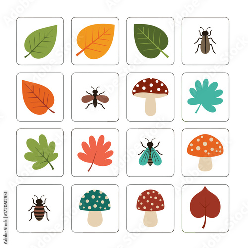 Set of autumn leaves insects and mushrooms icons.
