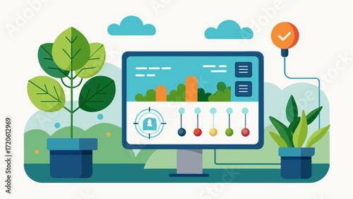 A smart irrigation controller that can be easily programmed with specific crop types soil types and weather patterns to automatically adjust watering schedules for optimal plant. Vector illustration