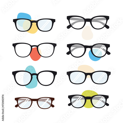 Collection of eight pairs of eyeglasses with colorful abstract shapes.