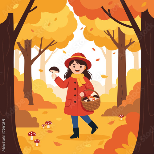 A young girl in a red coat and hat collecting mushrooms in an autumn forest.