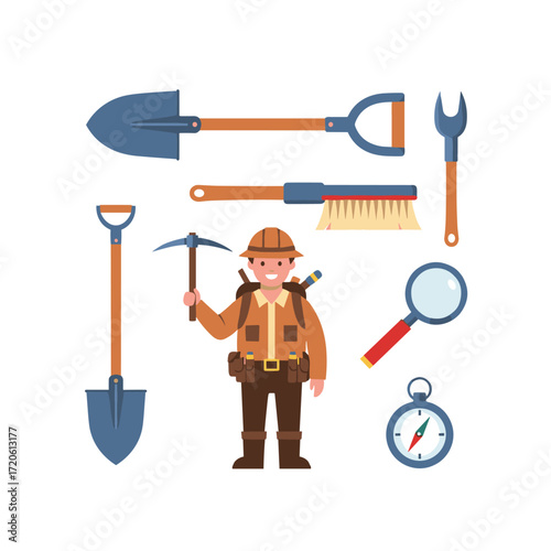 Archaeologist Explorer With Tools For Digging And Discovery.