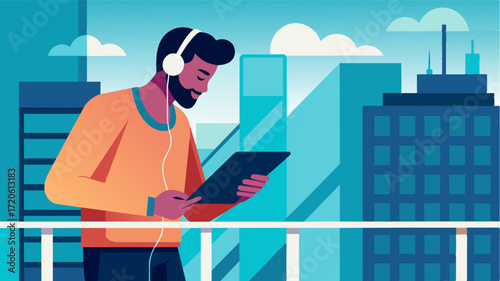 A man types fervently on a tablet propped up on a sleek modern balcony railing his headphones dangling from his neck as he takes in the sounds of the bustling city below.. Vector illustration