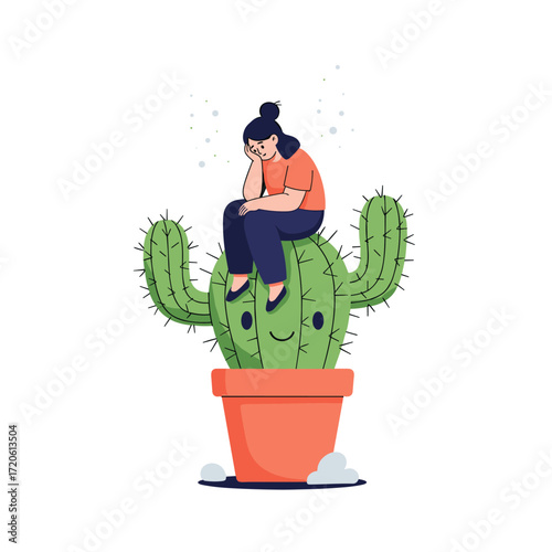 Sad woman sitting on a cactus in a pot.