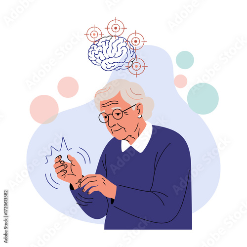 Elderly man experiencing cognitive decline and hand tremors.