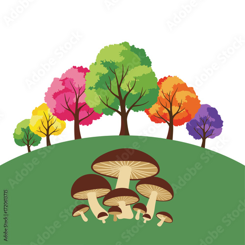 Colorful Autumn Trees and Mushrooms on a Grassy Hill.