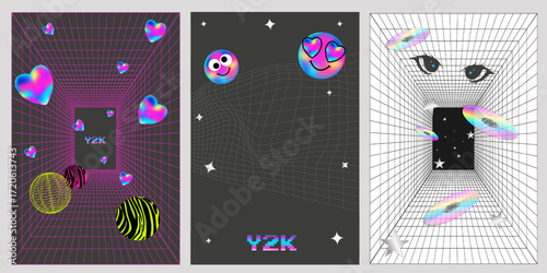 Y2K Posters! 3D Wireframe, Retro Design. Abstract backgrounds for social media and web. Get noticed with a trendy design!
