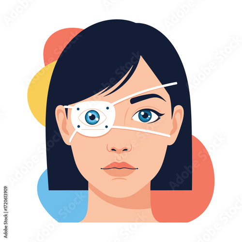 Woman with eye patch after eye surgery or treatment.